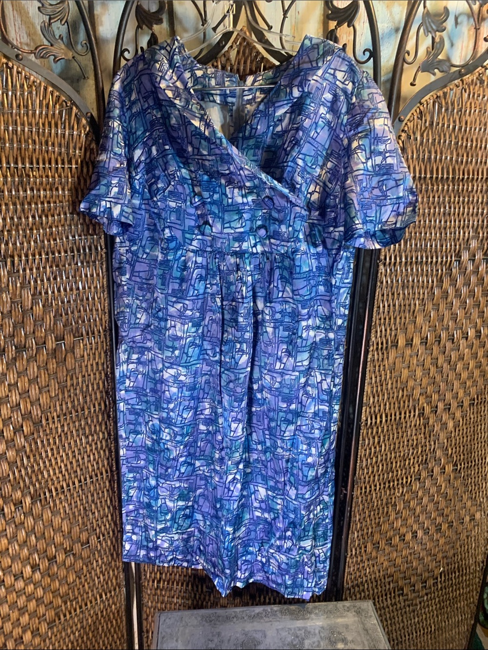 Vintage Silky Blue Print Dress Size L